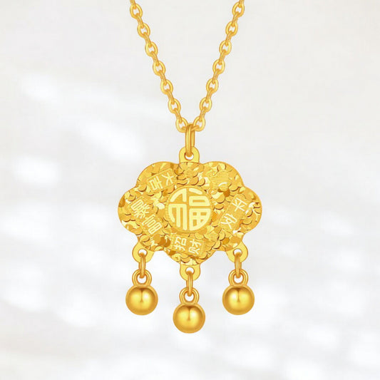 24K 999 5G Gold Lucky Sparkling Chinese Safe Lock Bag Necklace