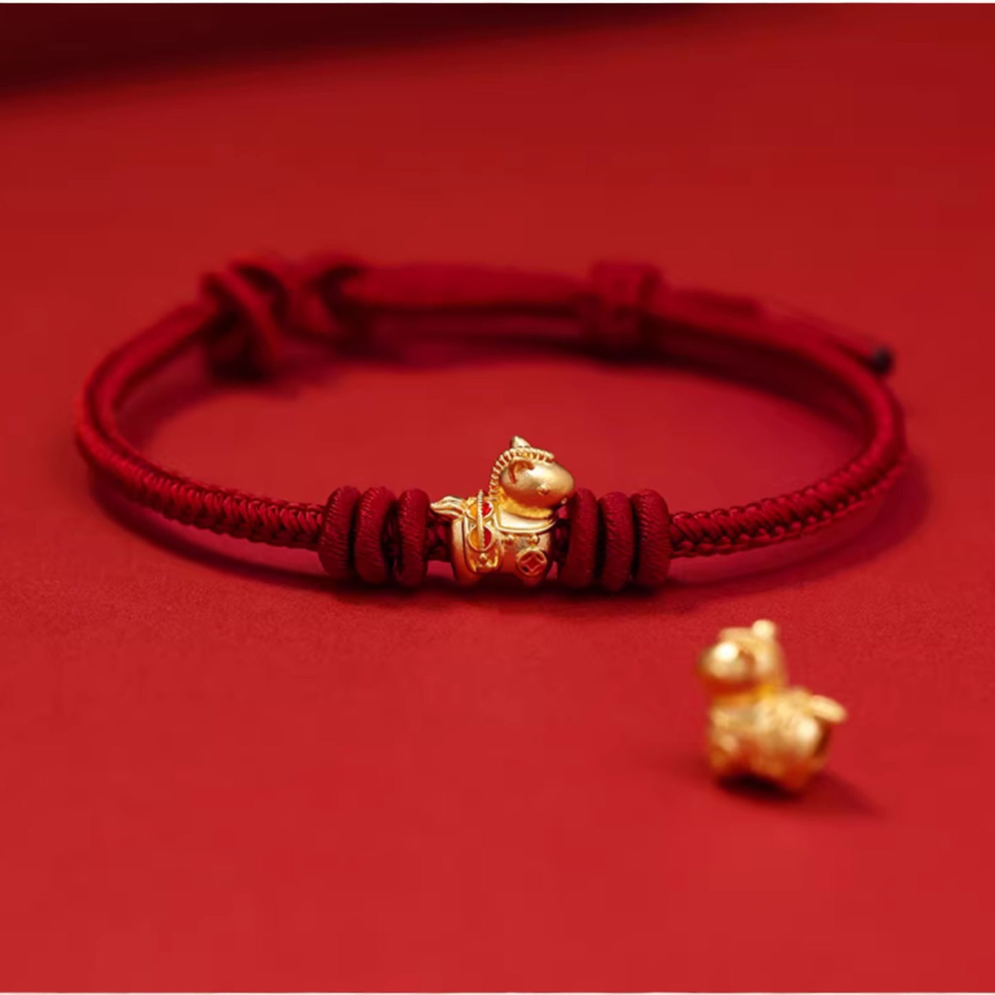 24k 999 Gold Zodiac Year of Horse Charm Red Woven Rope Bracelet