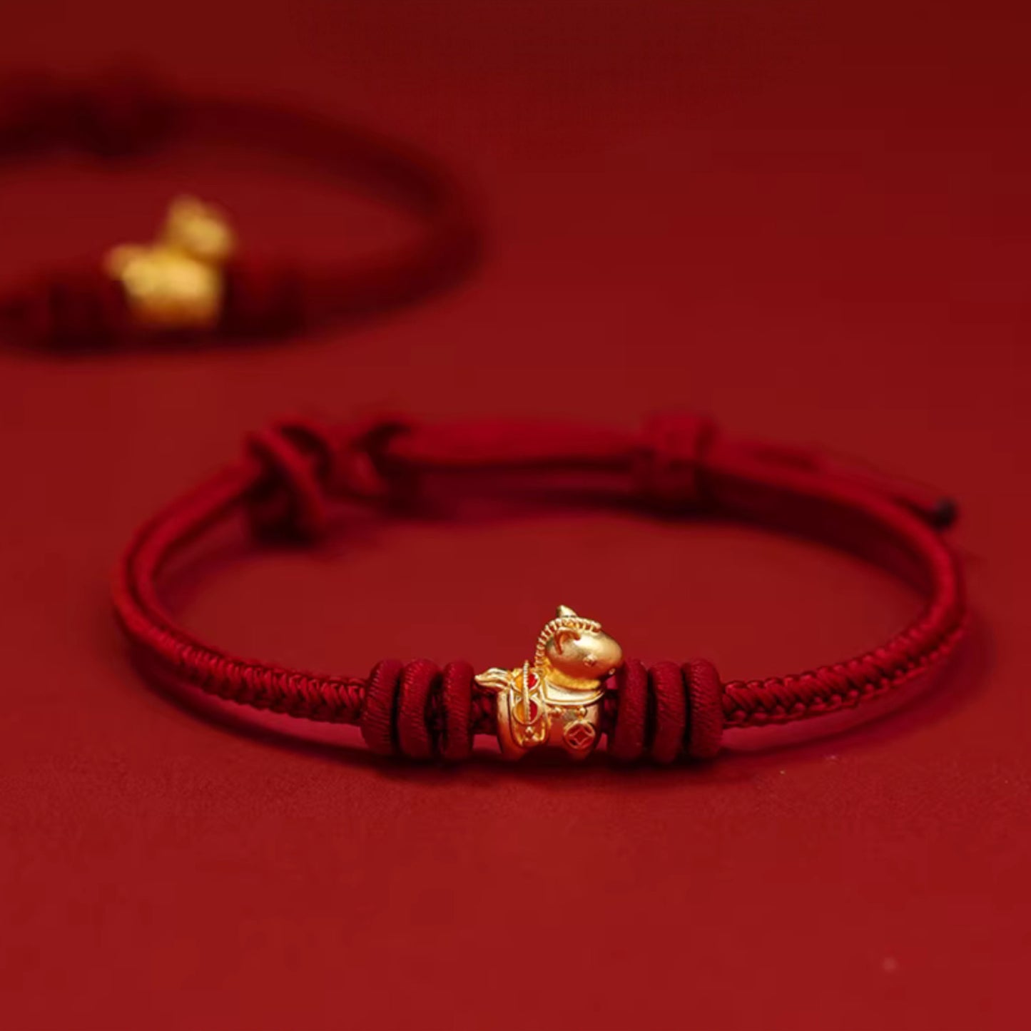 24k 999 Gold Zodiac Year of Horse Charm Red Woven Rope Bracelet