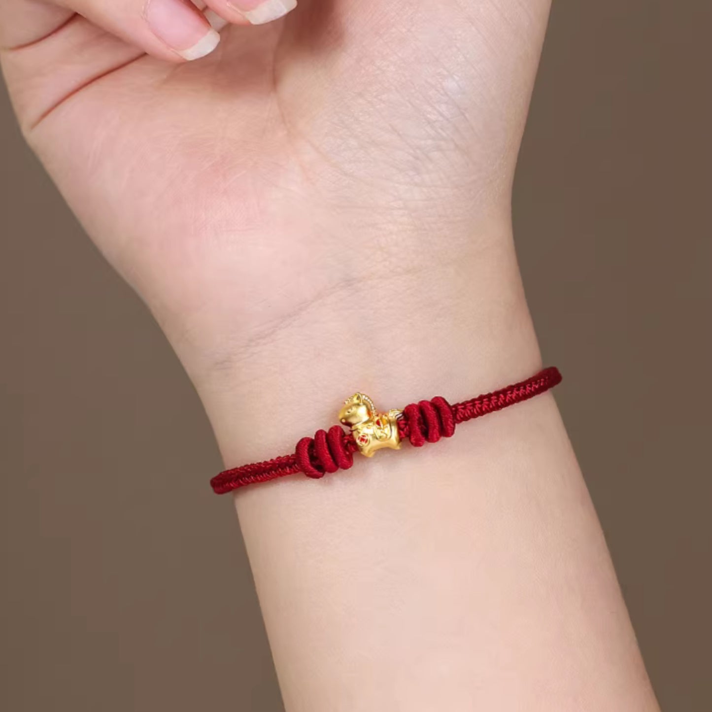 24k 999 Gold Zodiac Year of Horse Charm Red Woven Rope Bracelet