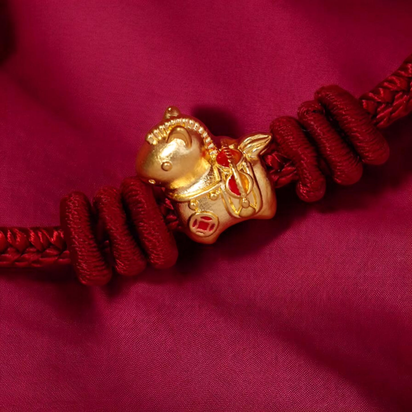 24k 999 Gold Zodiac Year of Horse Charm Red Woven Rope Bracelet