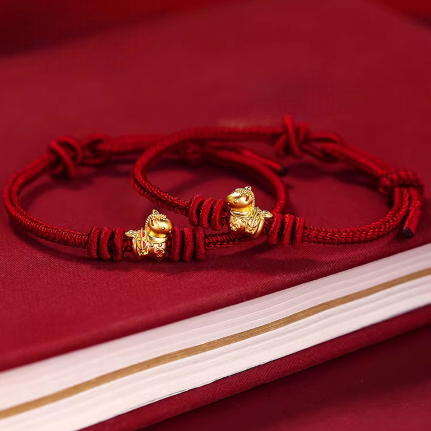 24k 999 Gold Zodiac Year of Horse Charm Red Woven Rope Bracelet