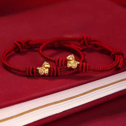 24k 999 Gold Zodiac Year of Horse Charm Red Woven Rope Bracelet