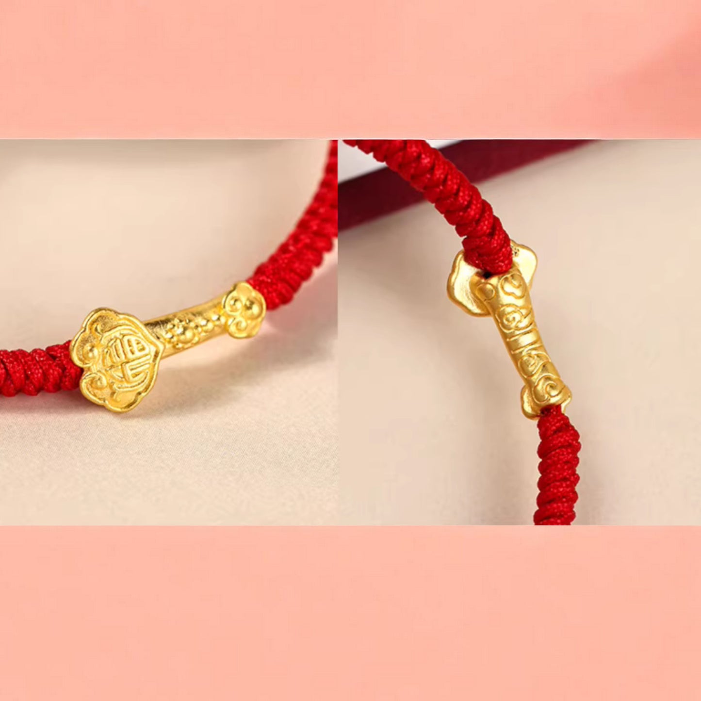 24K 999 Gold Lucky Ruyi Charm Red Rope Braided Bracelet