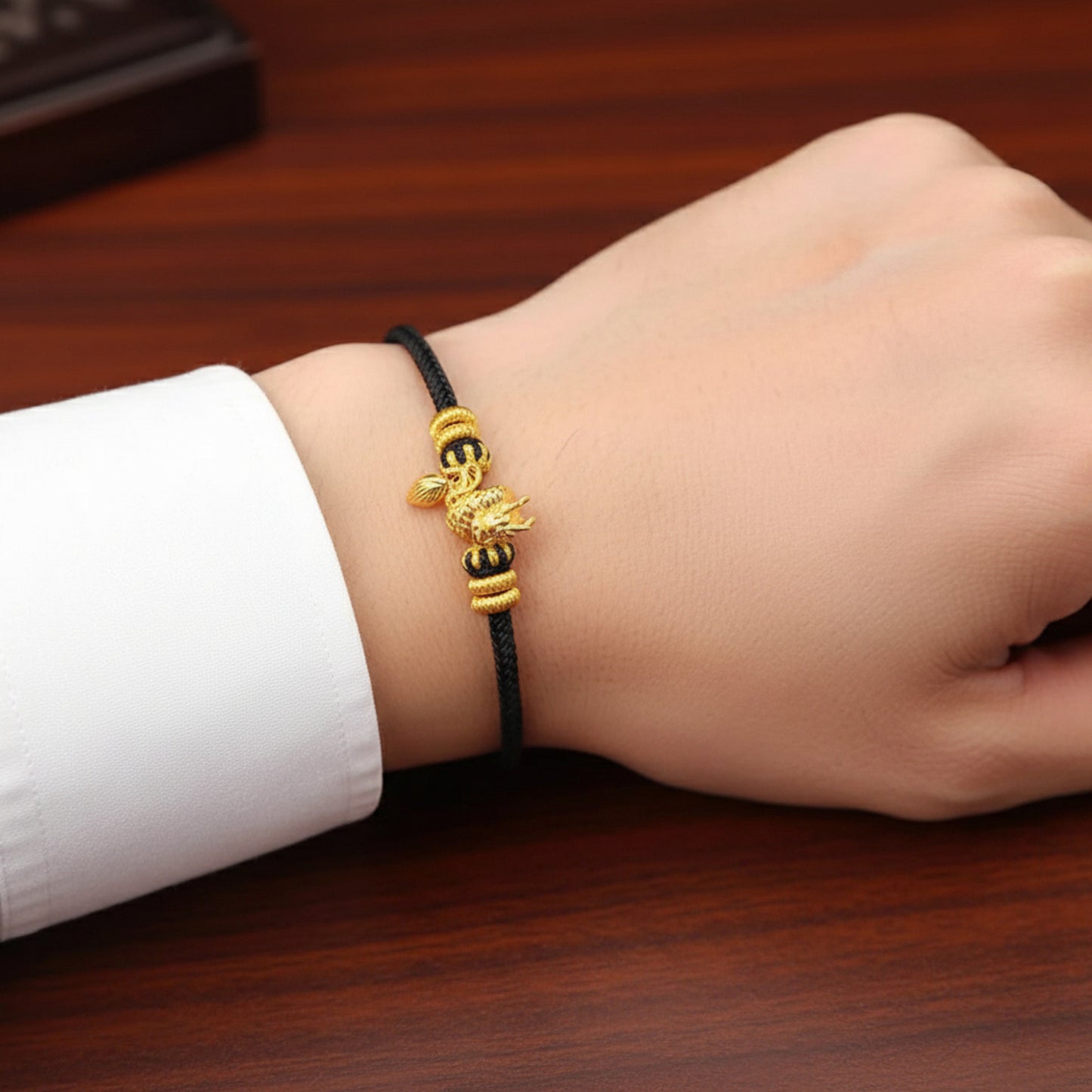 24K 999 Gold Dragon Tail Charm Red Rope Braided Bracelet
