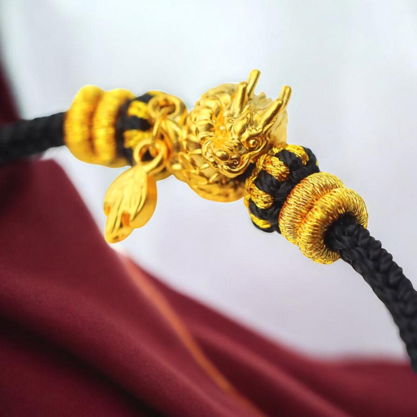 24K 999 Gold Dragon Tail Charm Red Rope Braided Bracelet