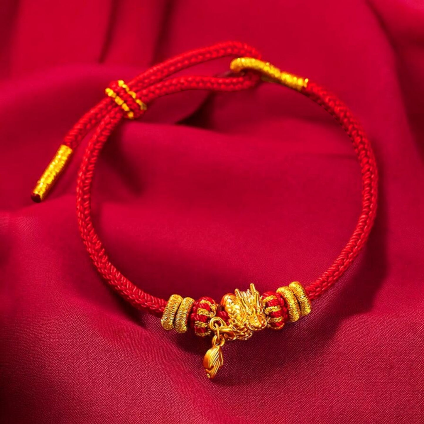 24K 999 Gold Dragon Tail Charm Red Rope Braided Bracelet