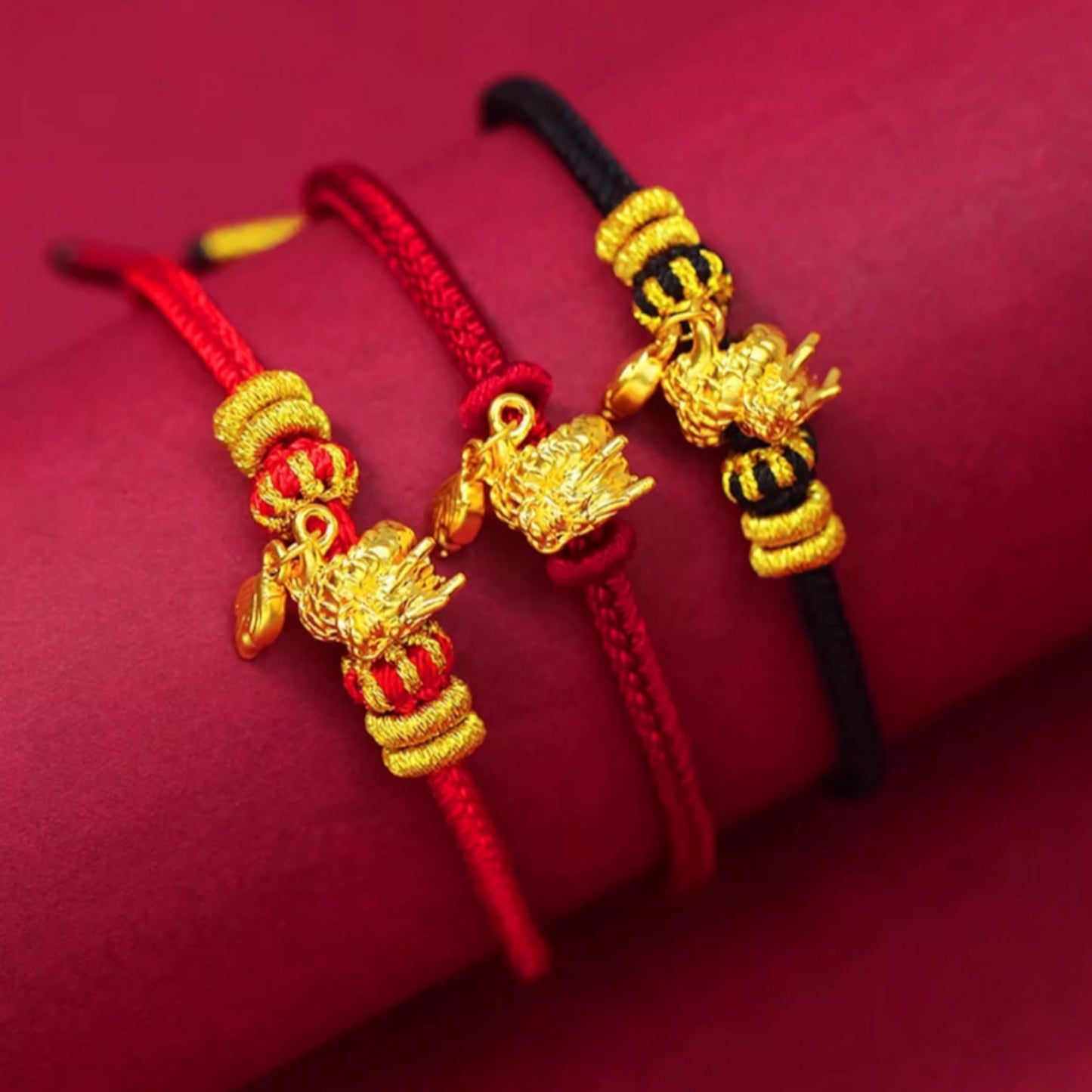 24K 999 Gold Dragon Tail Charm Red Rope Braided Bracelet