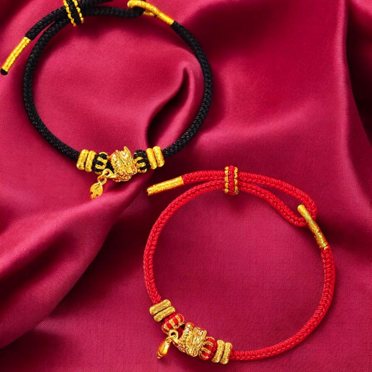 24K 999 Gold Dragon Tail Charm Red Rope Braided Bracelet