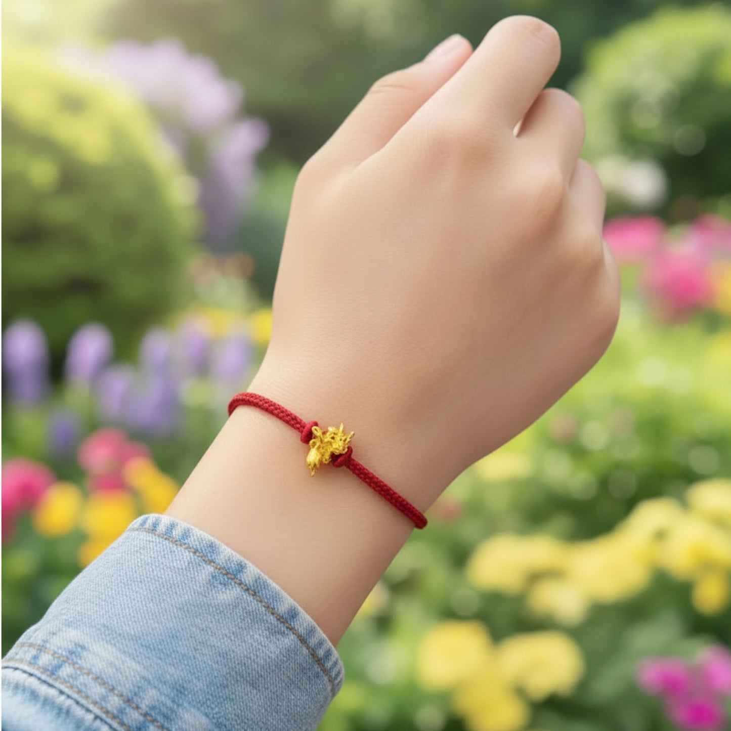 24K 999 Gold Dragon Tail Charm Red Rope Braided Bracelet