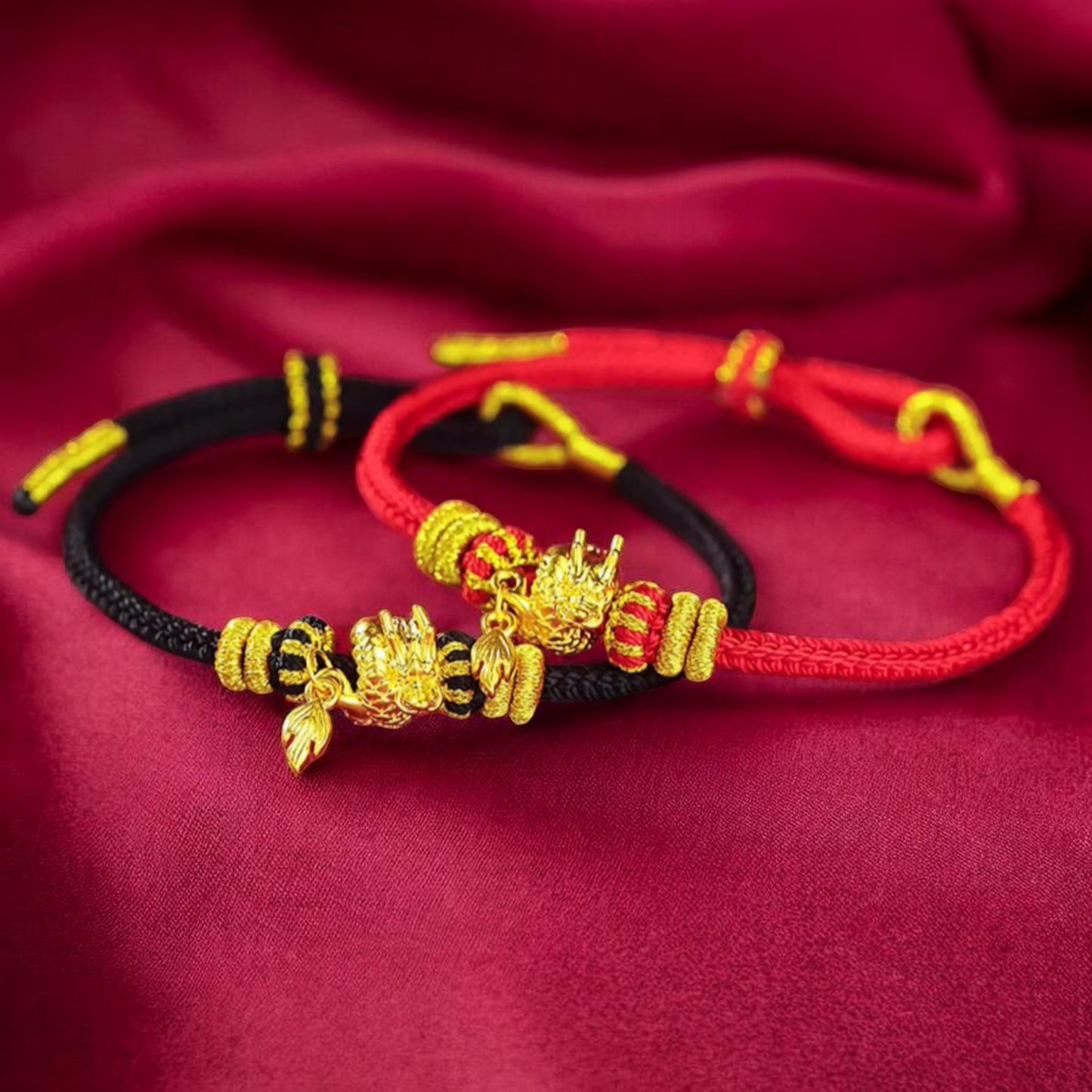 24K 999 Gold Dragon Tail Charm Red Rope Braided Bracelet