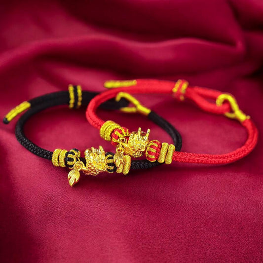24K 999 Gold Dragon Tail Charm Red Rope Braided Bracelet