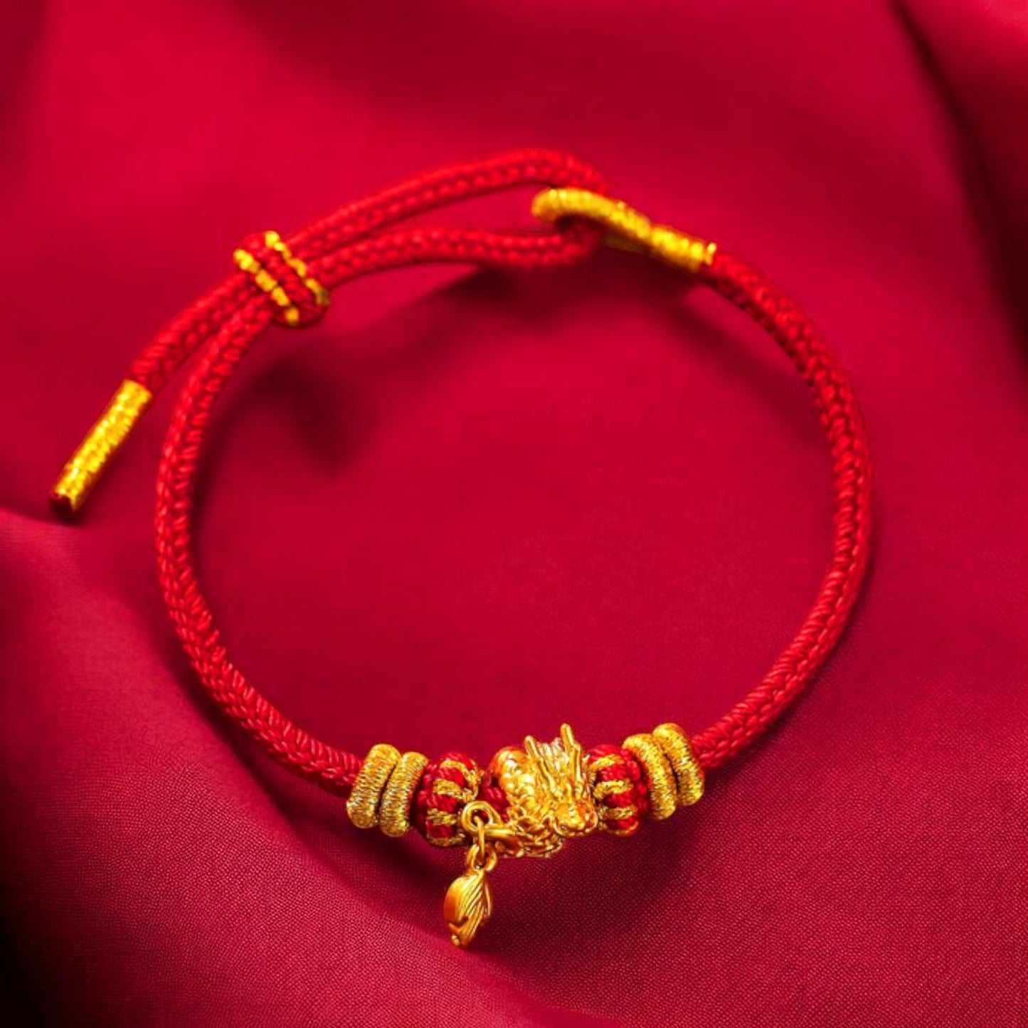 24K 999 Gold Dragon Tail Charm Red Rope Braided Bracelet