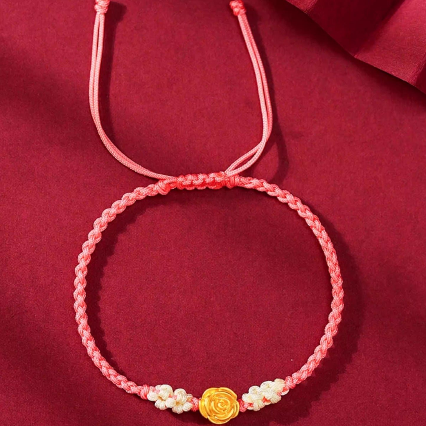 24K 999 Gold Romantic Rose Flower Charm Red Rope Braided Bracelet