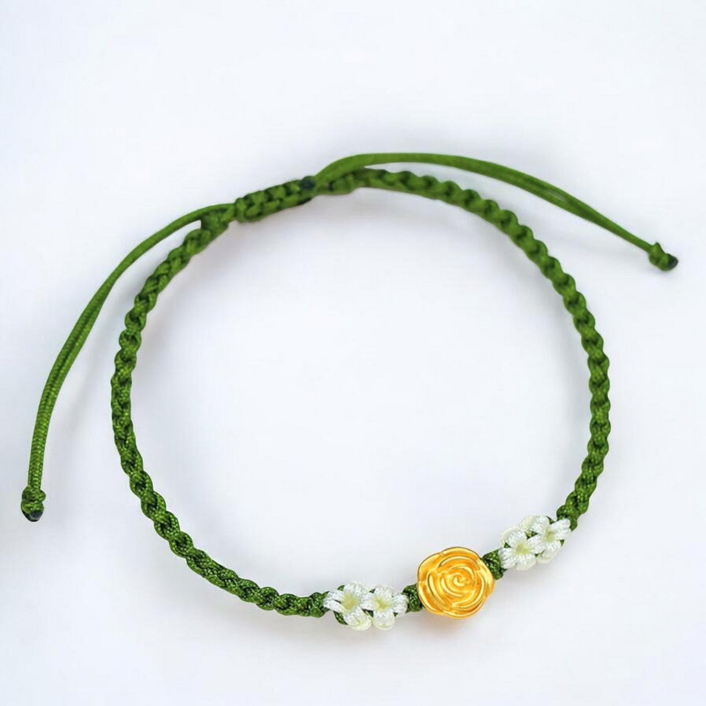 24K 999 Gold Romantic Rose Flower Charm Red Rope Braided Bracelet