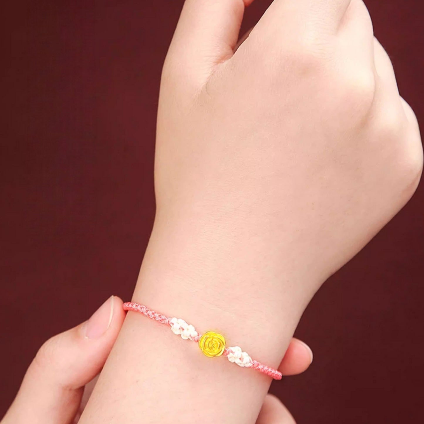 24K 999 Gold Romantic Rose Flower Charm Red Rope Braided Bracelet