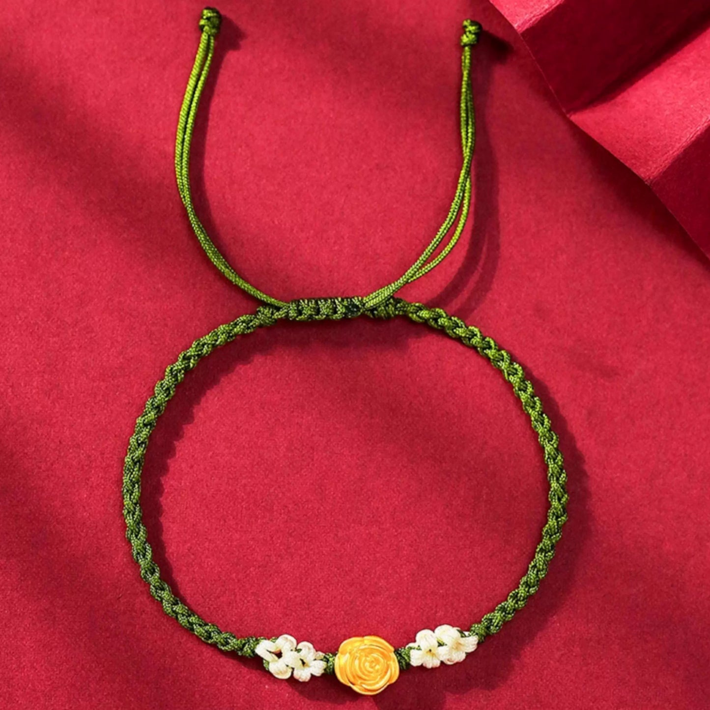 24K 999 Gold Romantic Rose Flower Charm Red Rope Braided Bracelet