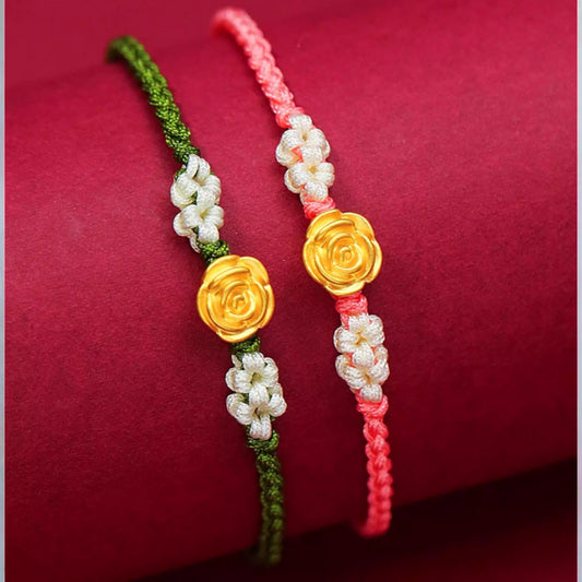 24K 999 Gold Romantic Rose Flower Charm Red Rope Braided Bracelet