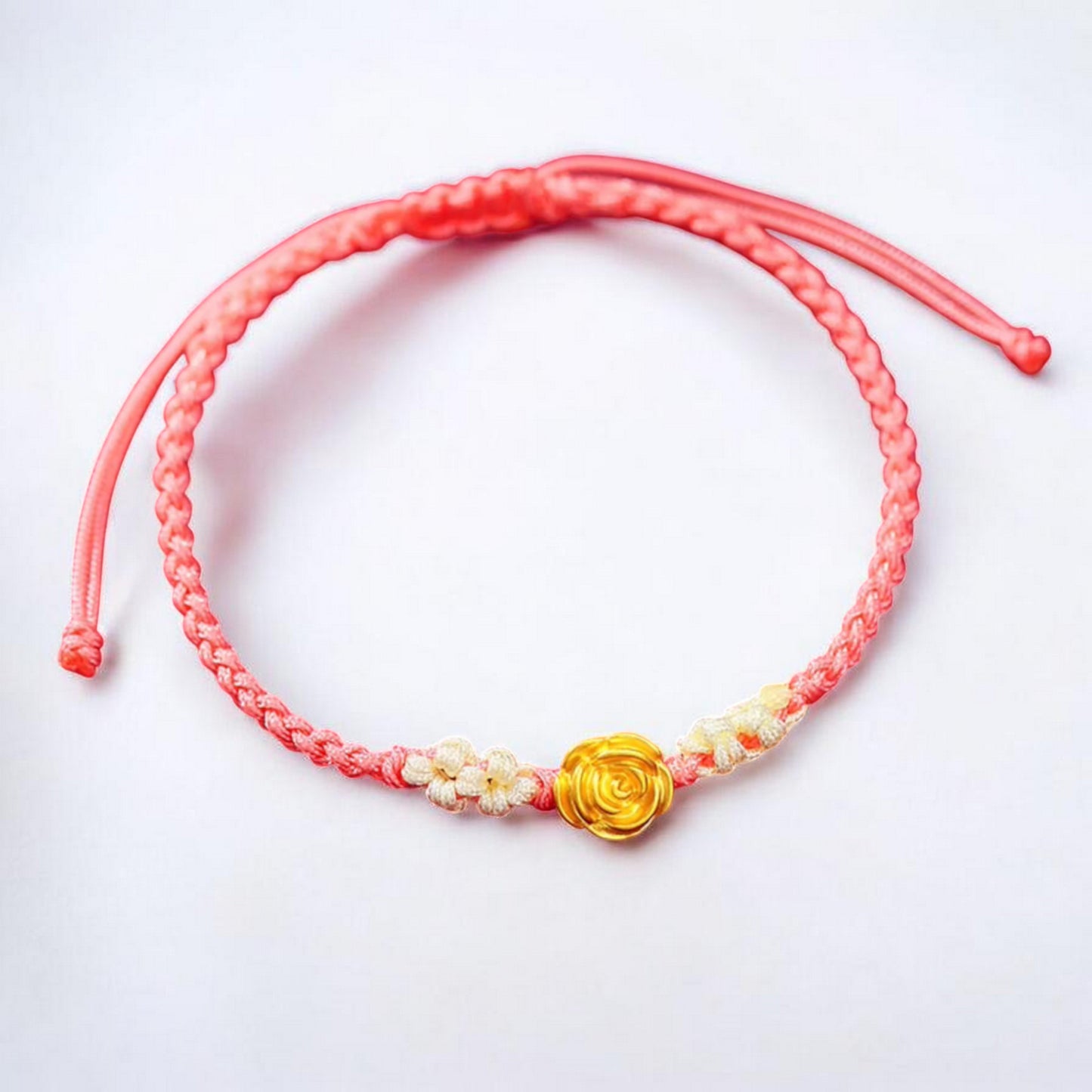 24K 999 Gold Romantic Rose Flower Charm Red Rope Braided Bracelet