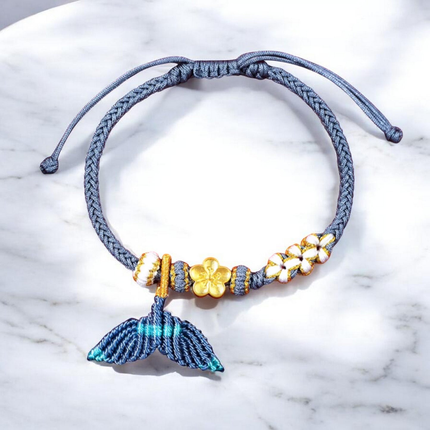 24K 999 Gold Peach Cherry Blossom Flower Charm Red Rope Braided Bracelet