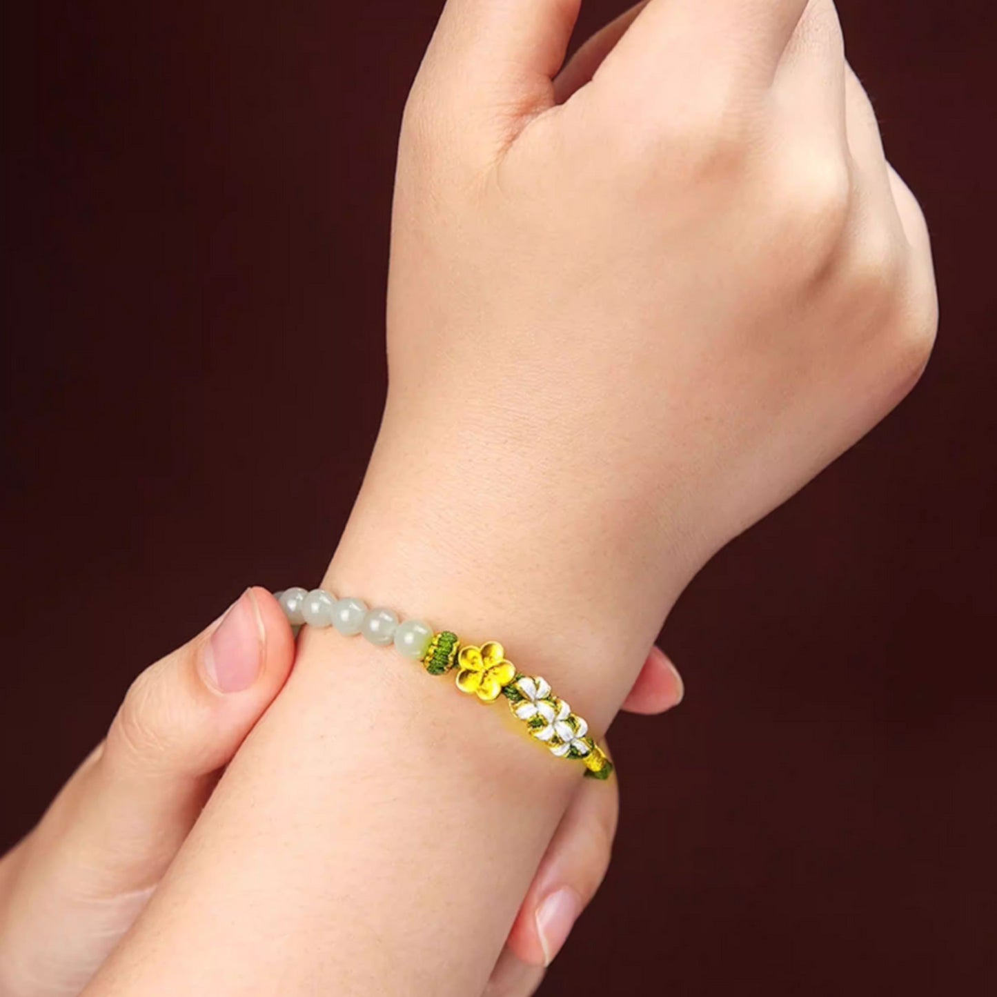 24K 999 Gold Peach Cherry Blossom Flower Charm Red Rope Braided Bracelet