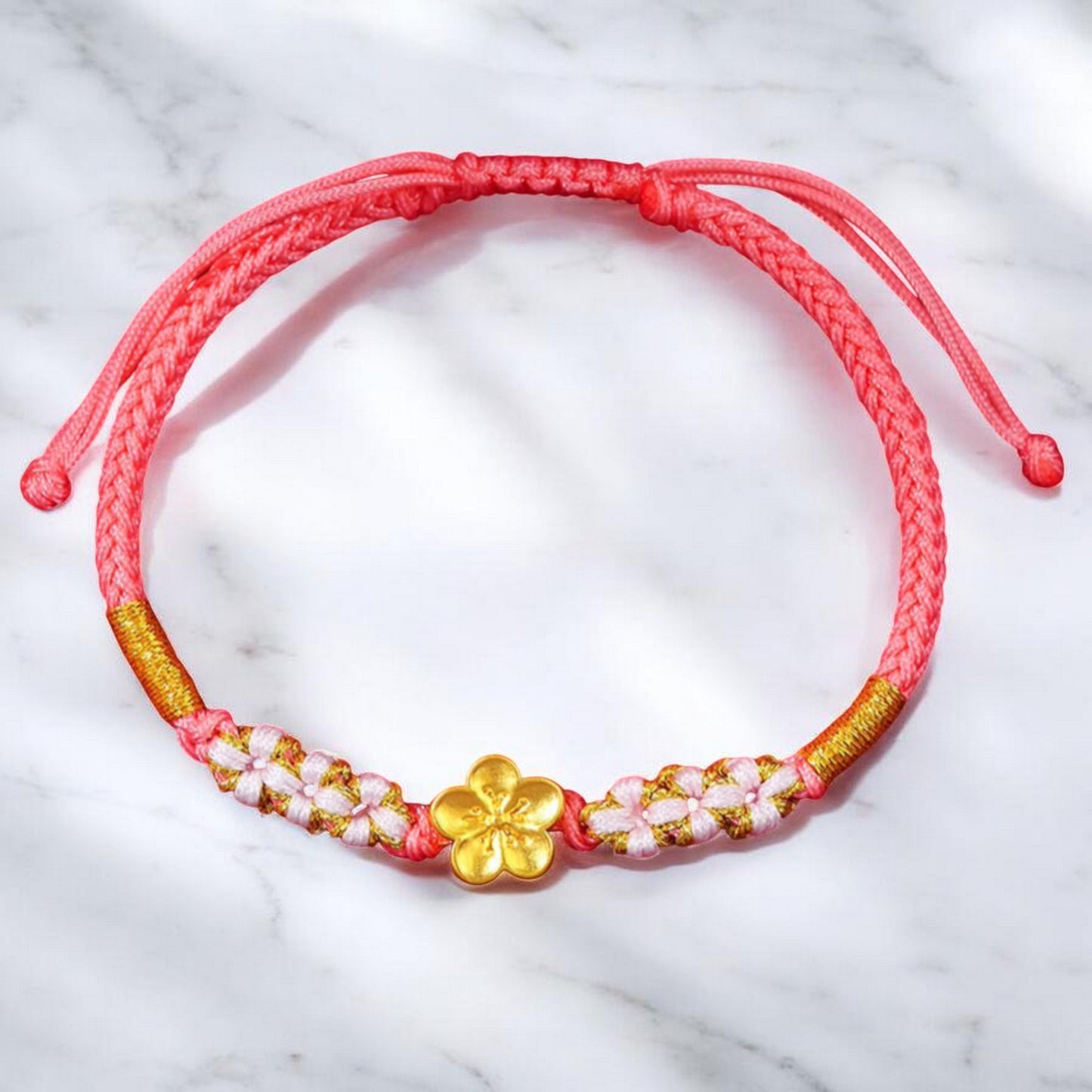 24K 999 Gold Peach Cherry Blossom Flower Charm Red Rope Braided Bracelet