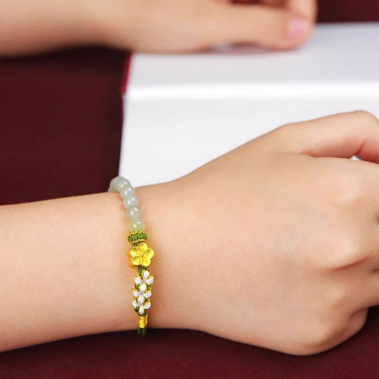 24K 999 Gold Peach Cherry Blossom Flower Charm Red Rope Braided Bracelet