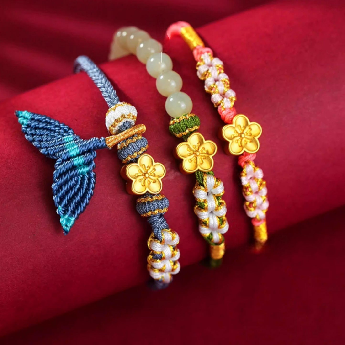 24K 999 Gold Peach Cherry Blossom Flower Charm Red Rope Braided Bracelet