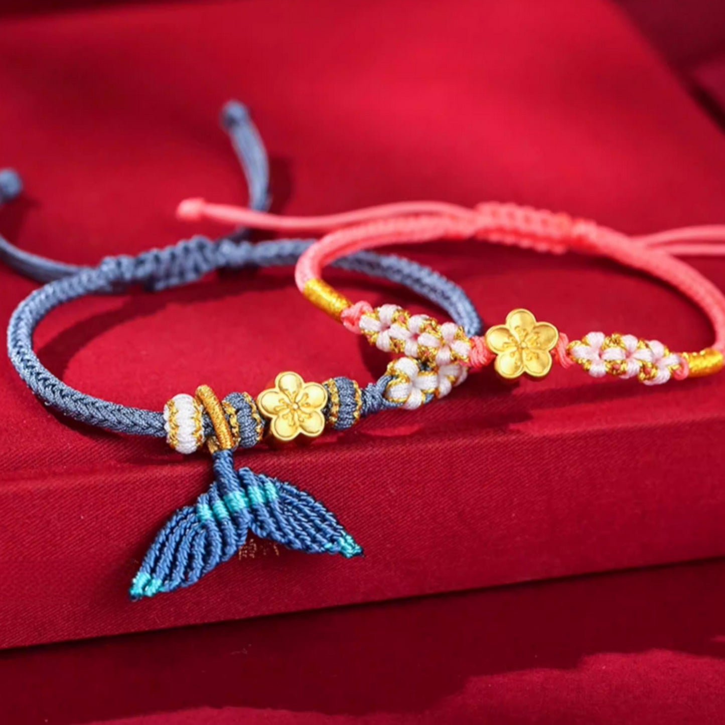 24K 999 Gold Peach Cherry Blossom Flower Charm Red Rope Braided Bracelet