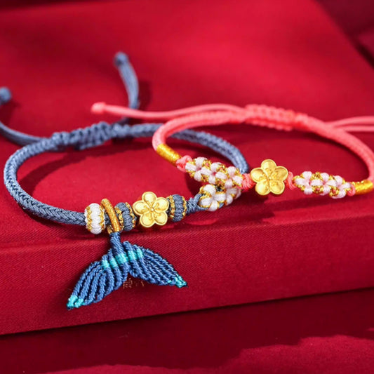 24K 999 Gold Peach Cherry Blossom Flower Charm Red Rope Braided Bracelet