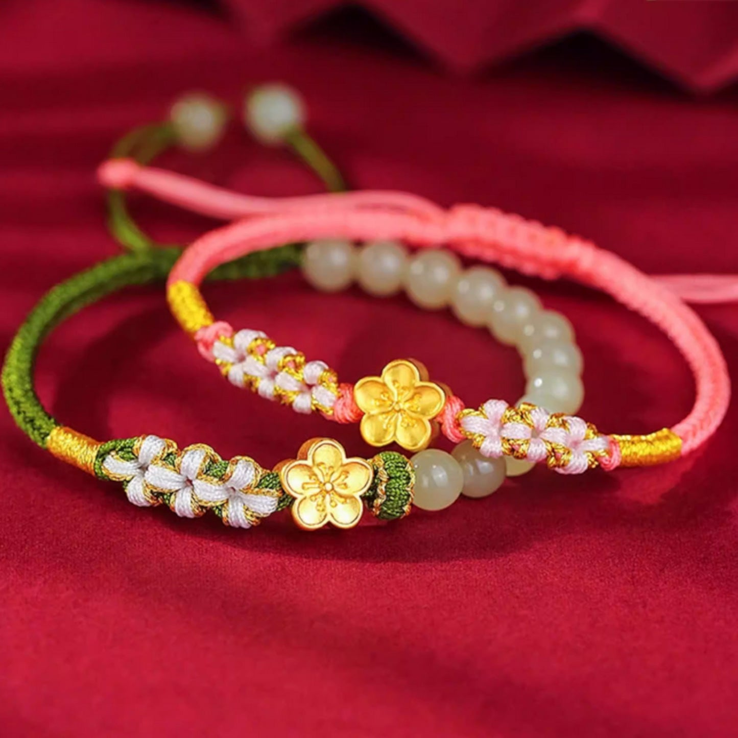 24K 999 Gold Peach Cherry Blossom Flower Charm Red Rope Braided Bracelet