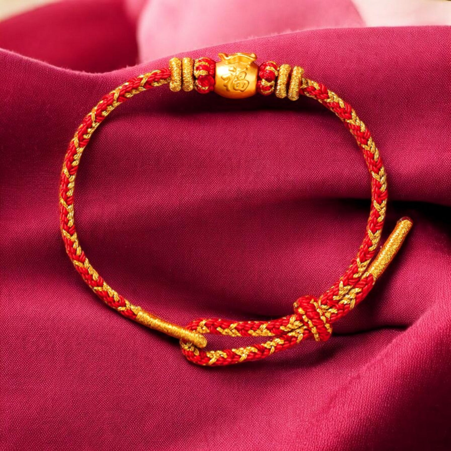 24K 999 Gold Blessing Bag "Fu" Charm Red Rope Braided Bracelet