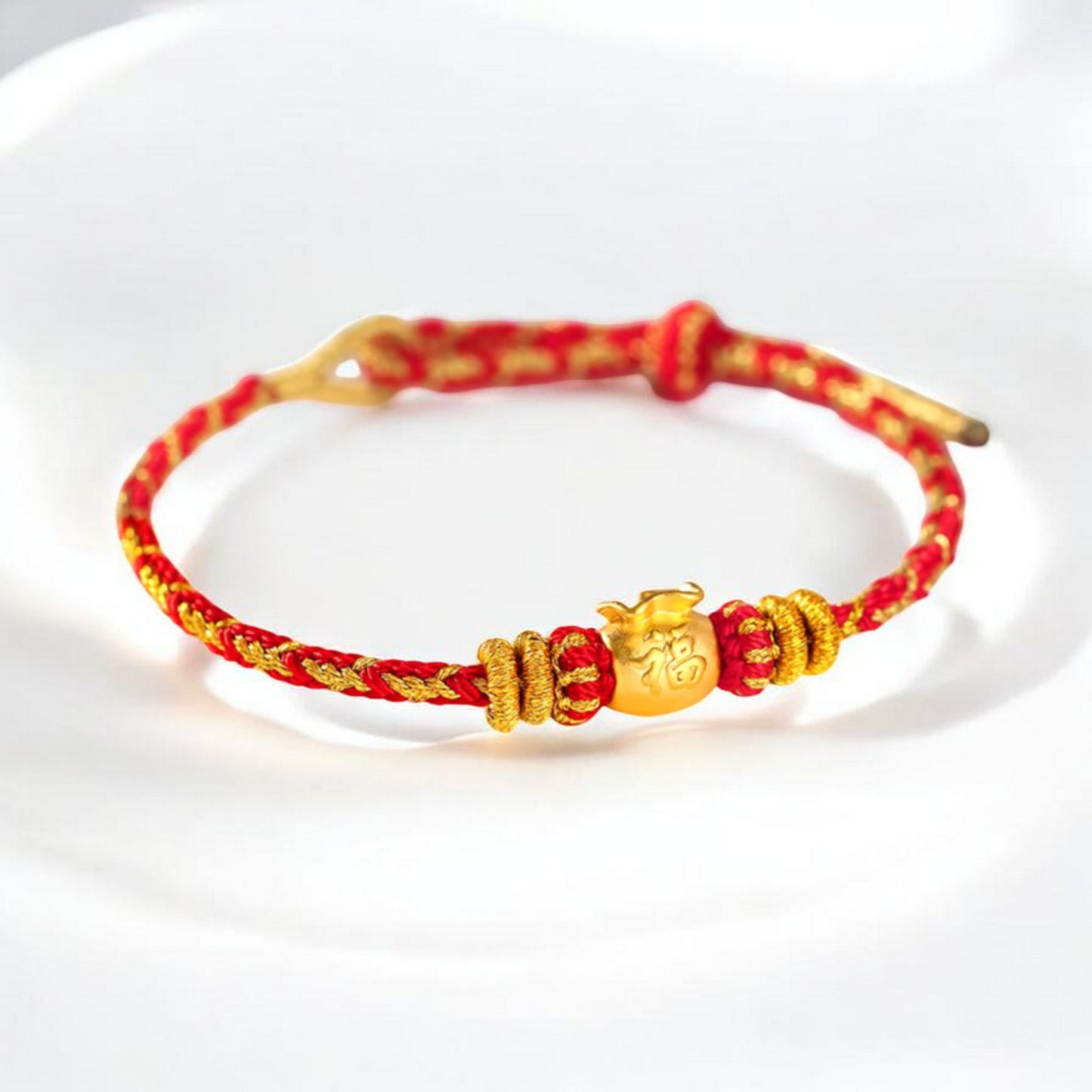 24K 999 Gold Blessing Bag "Fu" Charm Red Rope Braided Bracelet