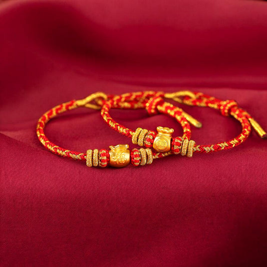 24K 999 Gold Blessing Bag "Fu" Charm Red Rope Braided Bracelet