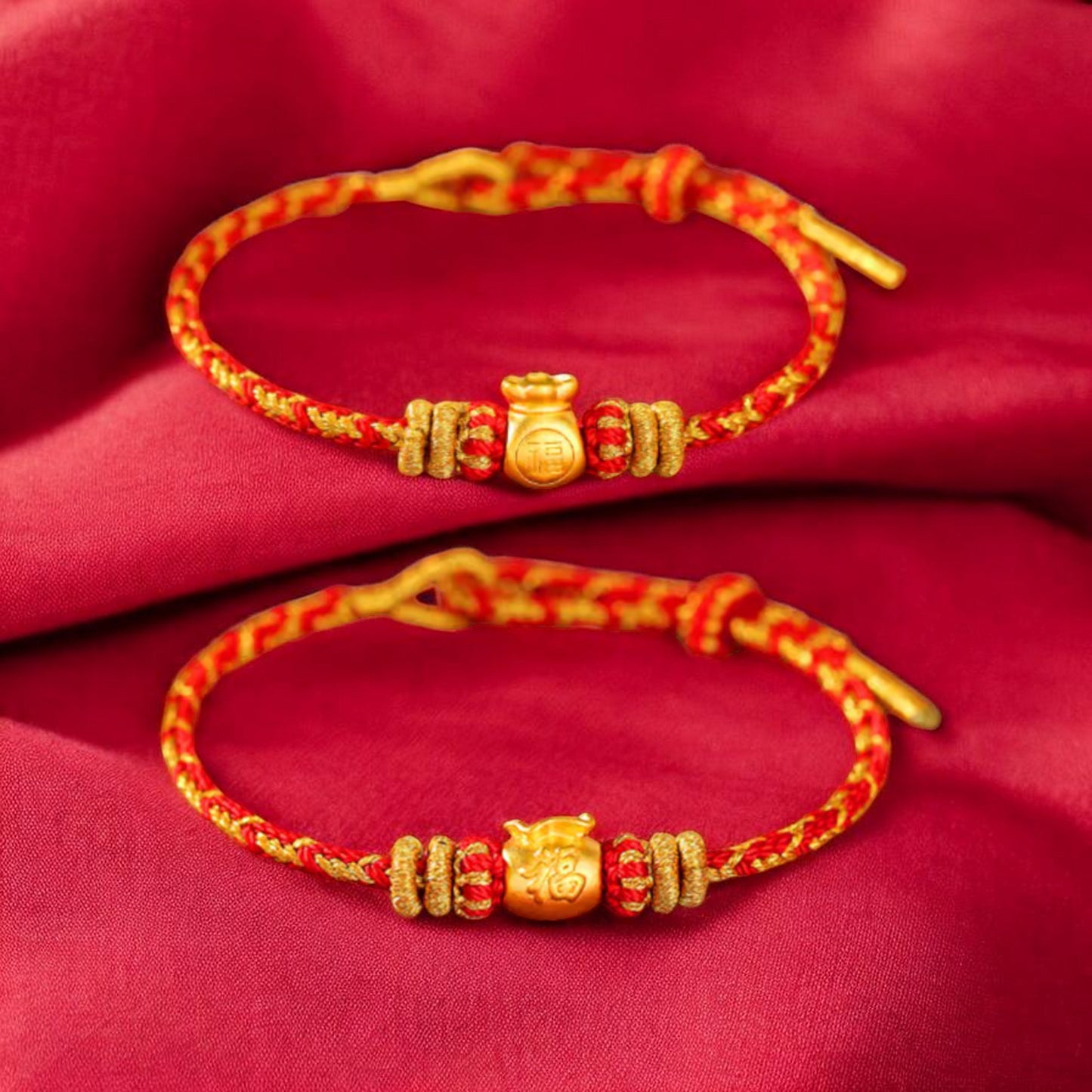 24K 999 Gold Blessing Bag "Fu" Charm Red Rope Braided Bracelet