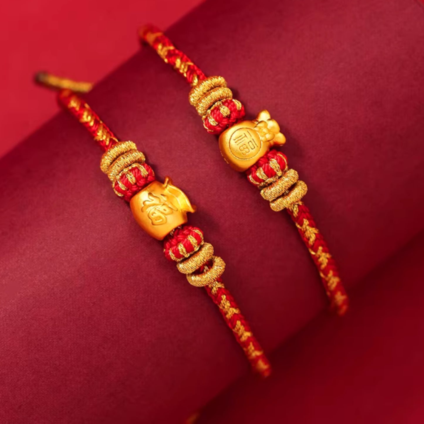 24K 999 Gold Blessing Bag "Fu" Charm Red Rope Braided Bracelet