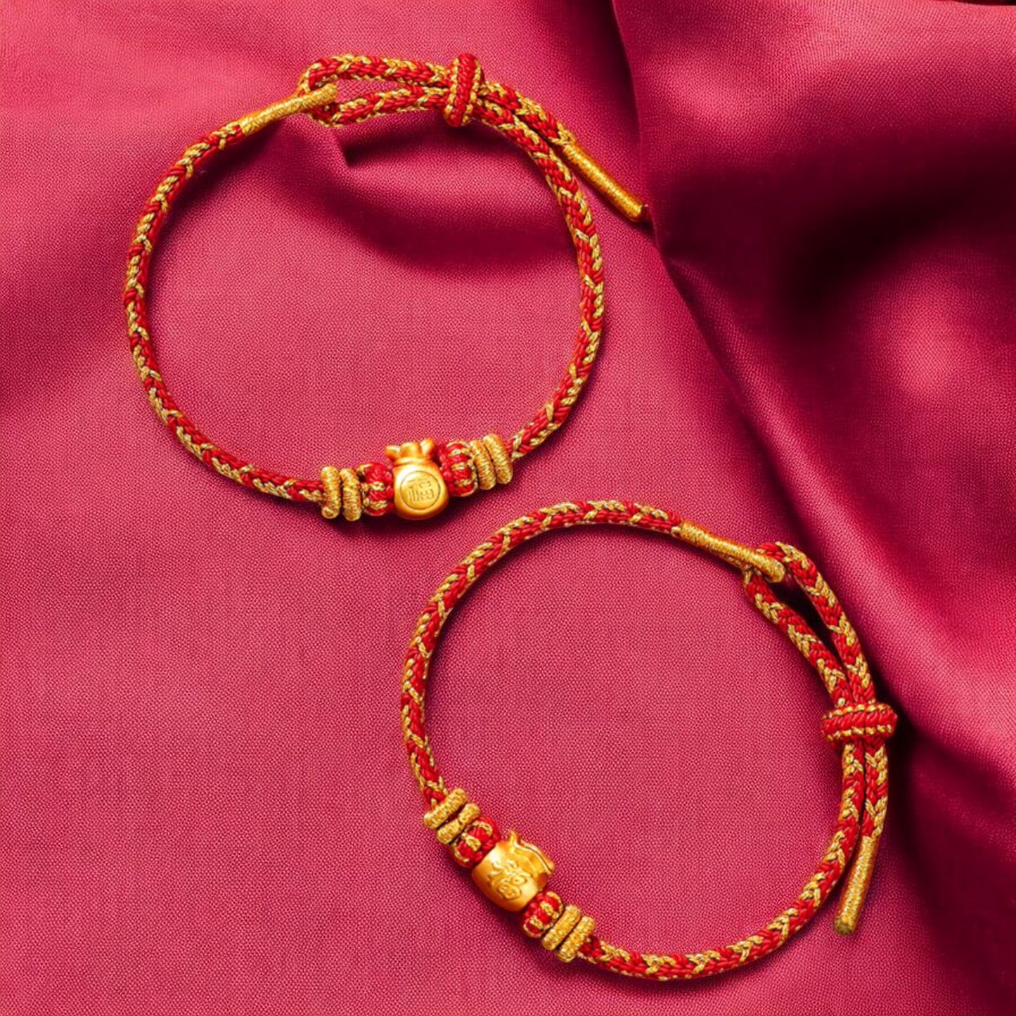 24K 999 Gold Blessing Bag "Fu" Charm Red Rope Braided Bracelet