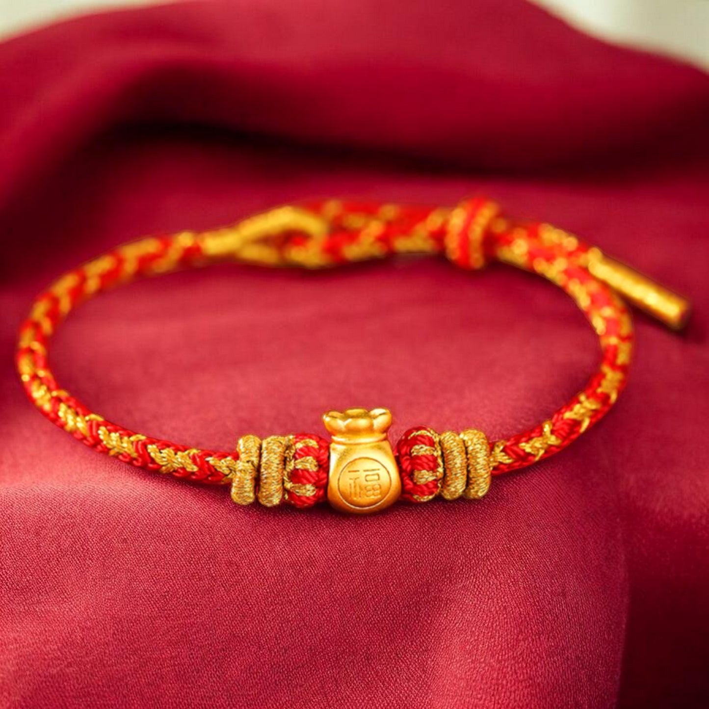 24K 999 Gold Blessing Bag "Fu" Charm Red Rope Braided Bracelet