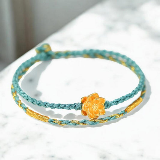 24K 999 Gold Lotus Flower Charm Double Rope Braided Bracelet
