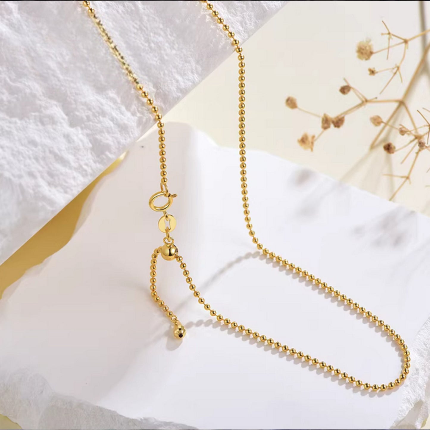 18K Real Gold Cat eye Beads Adjustable chain Necklace