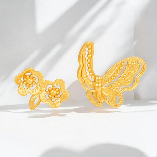 24K Real Gold Butterfly Flower Stud Earrings