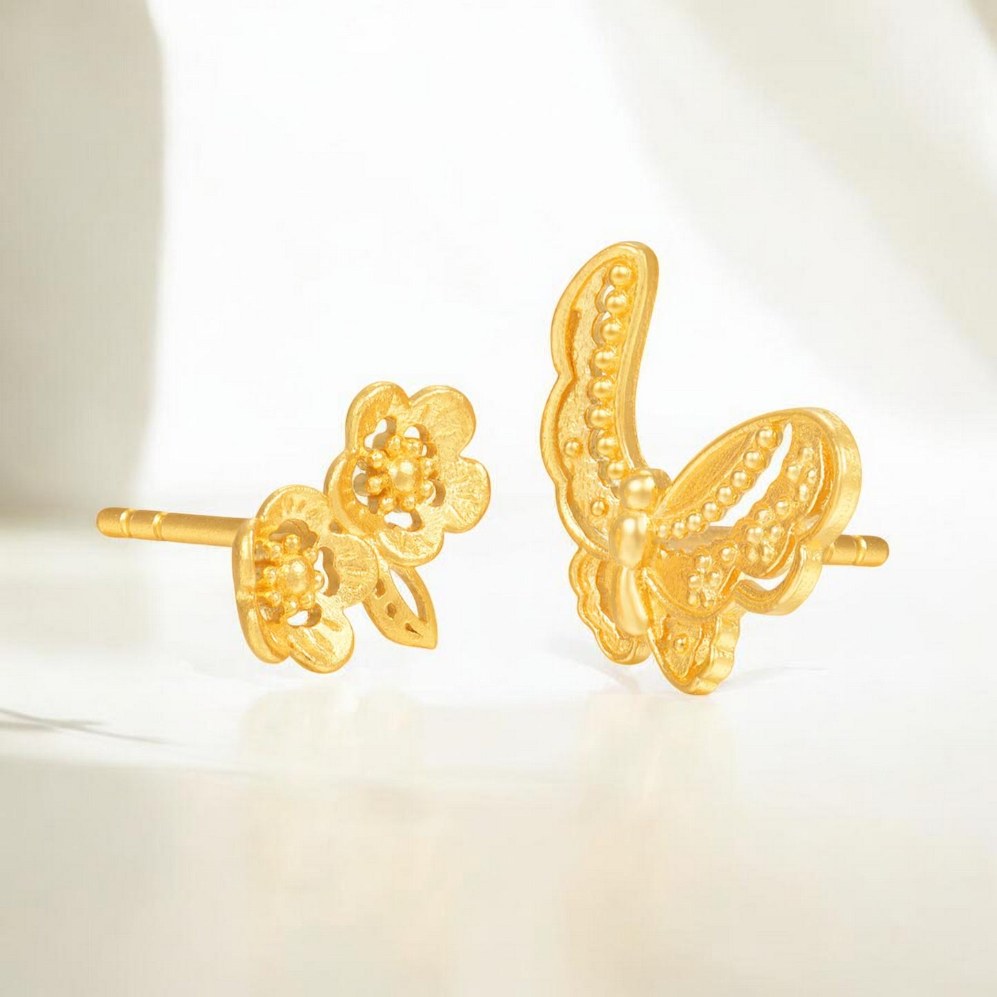 24K Real Gold Butterfly Flower Stud Earrings