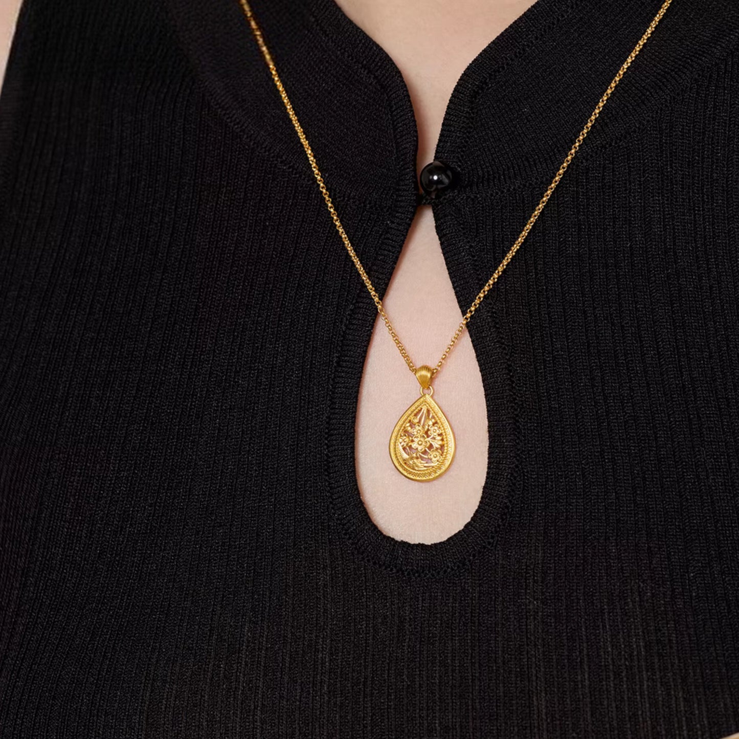 24K Real Gold Ancient Methods Bring Joy Flower Elegance Pendant and Earrings
