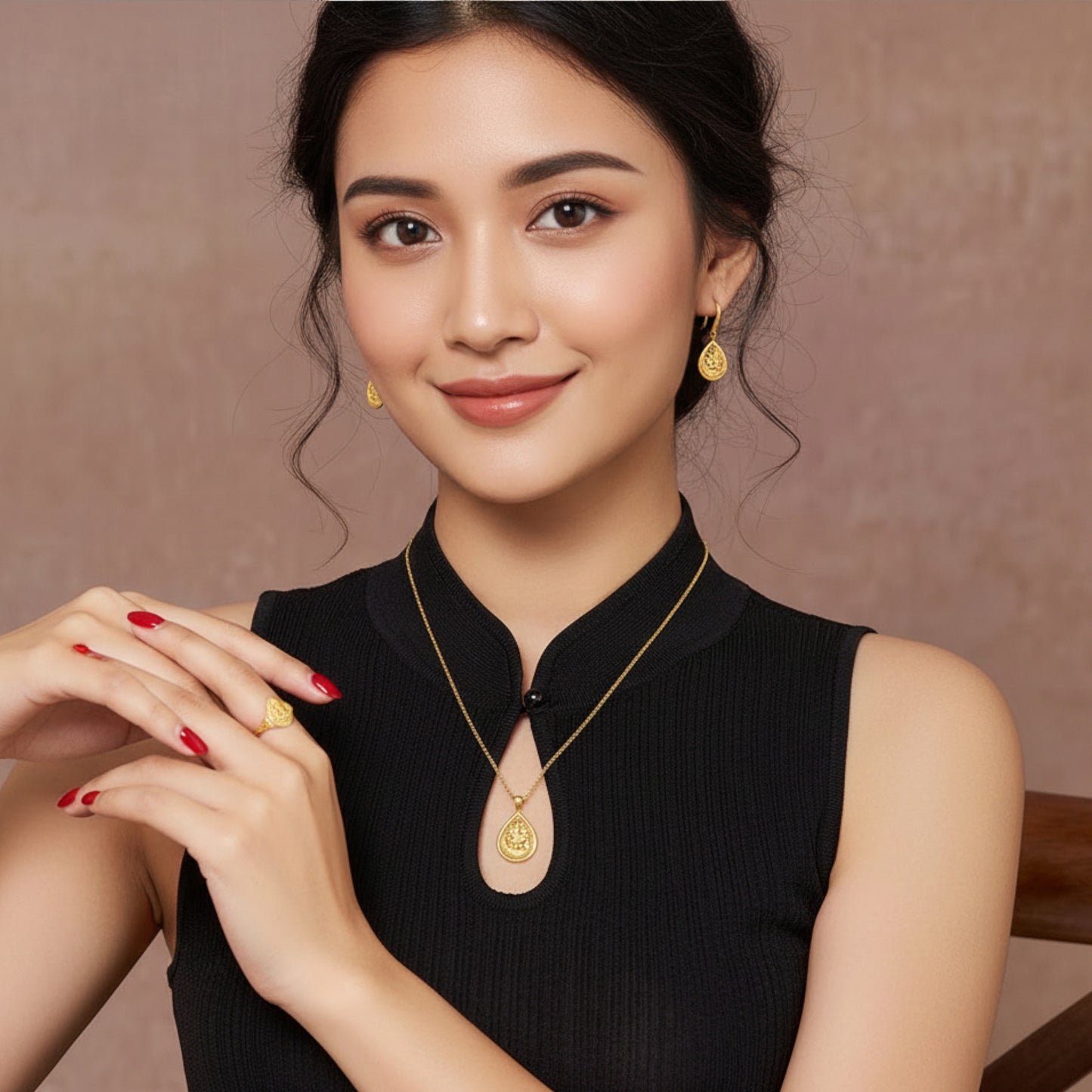 24K Real Gold Ancient Methods Bring Joy Flower Elegance Pendant and Earrings