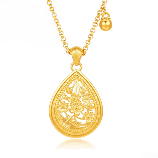 24K Real Gold Ancient Methods Bring Joy Flower Elegance Pendant and Earrings