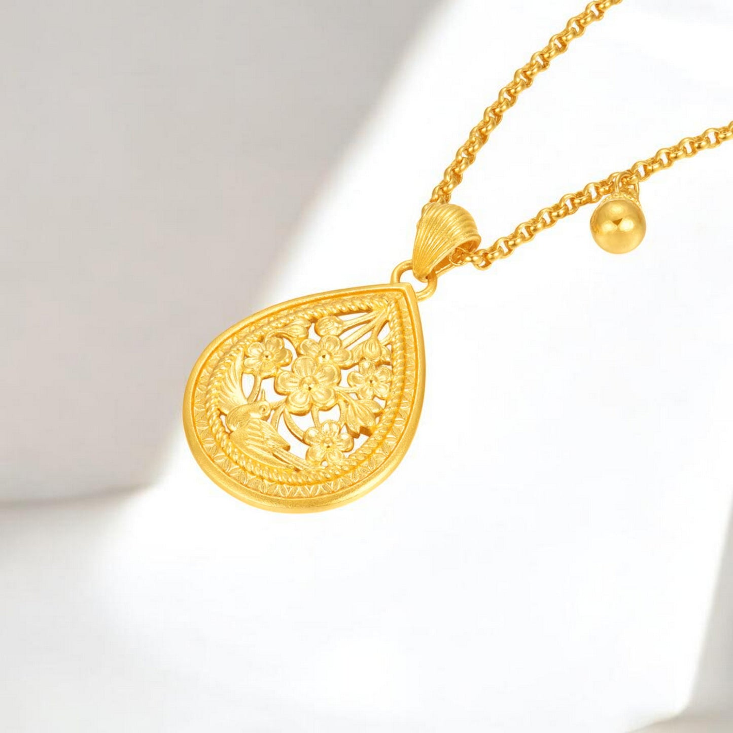 24K Real Gold Ancient Methods Bring Joy Flower Elegance Pendant and Earrings