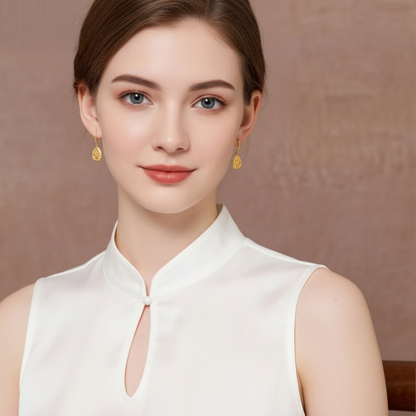 24K Real Gold Ancient Methods Bring Joy Flower Elegance Pendant and Earrings