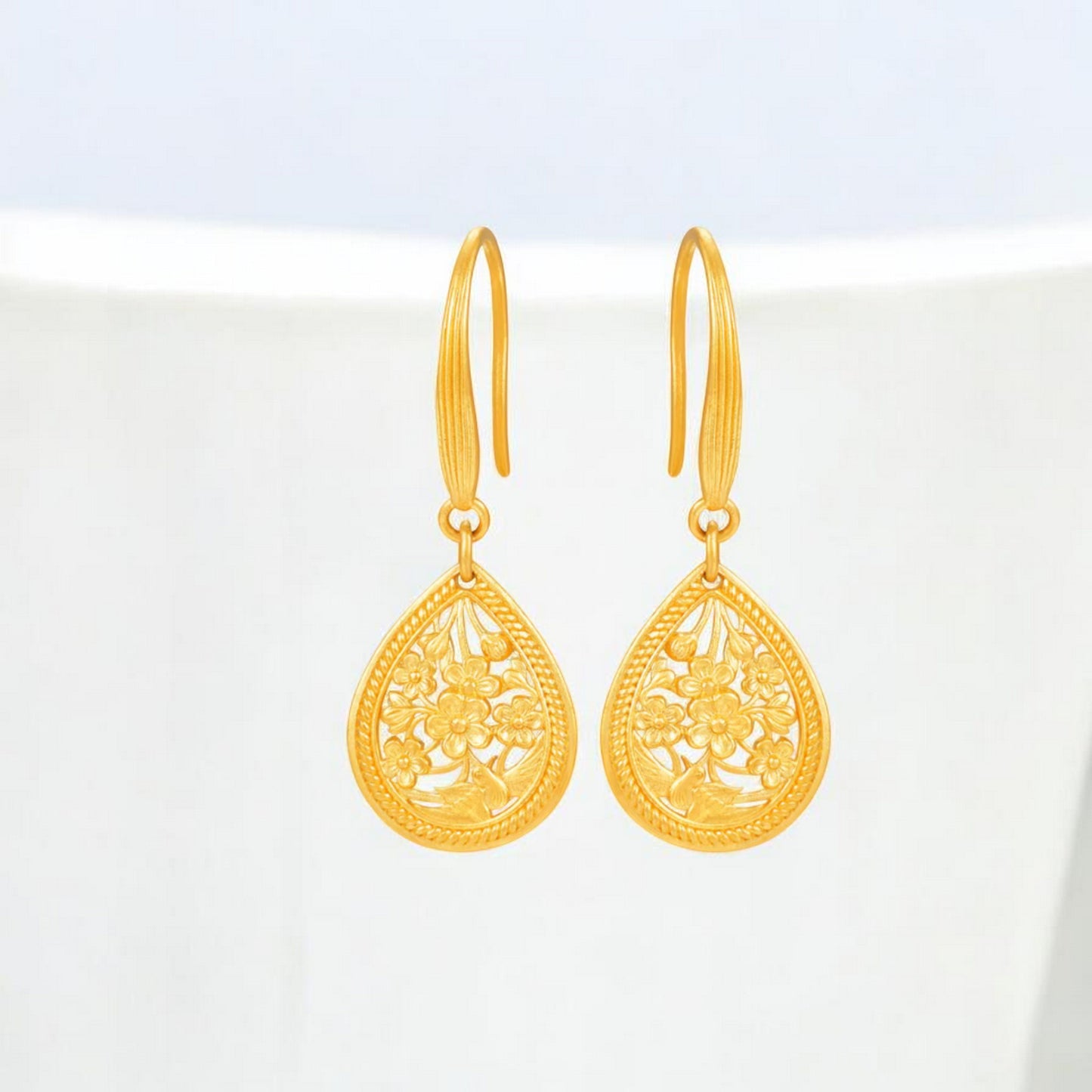 24K Real Gold Ancient Methods Bring Joy Flower Elegance Pendant and Earrings