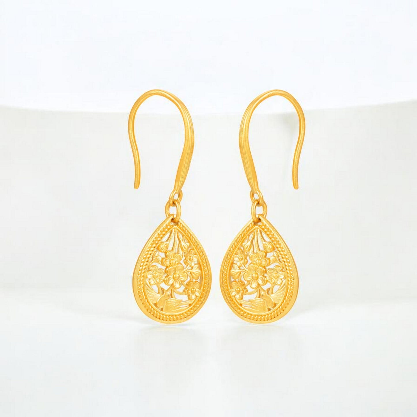 24K Real Gold Ancient Methods Bring Joy Flower Elegance Pendant and Earrings