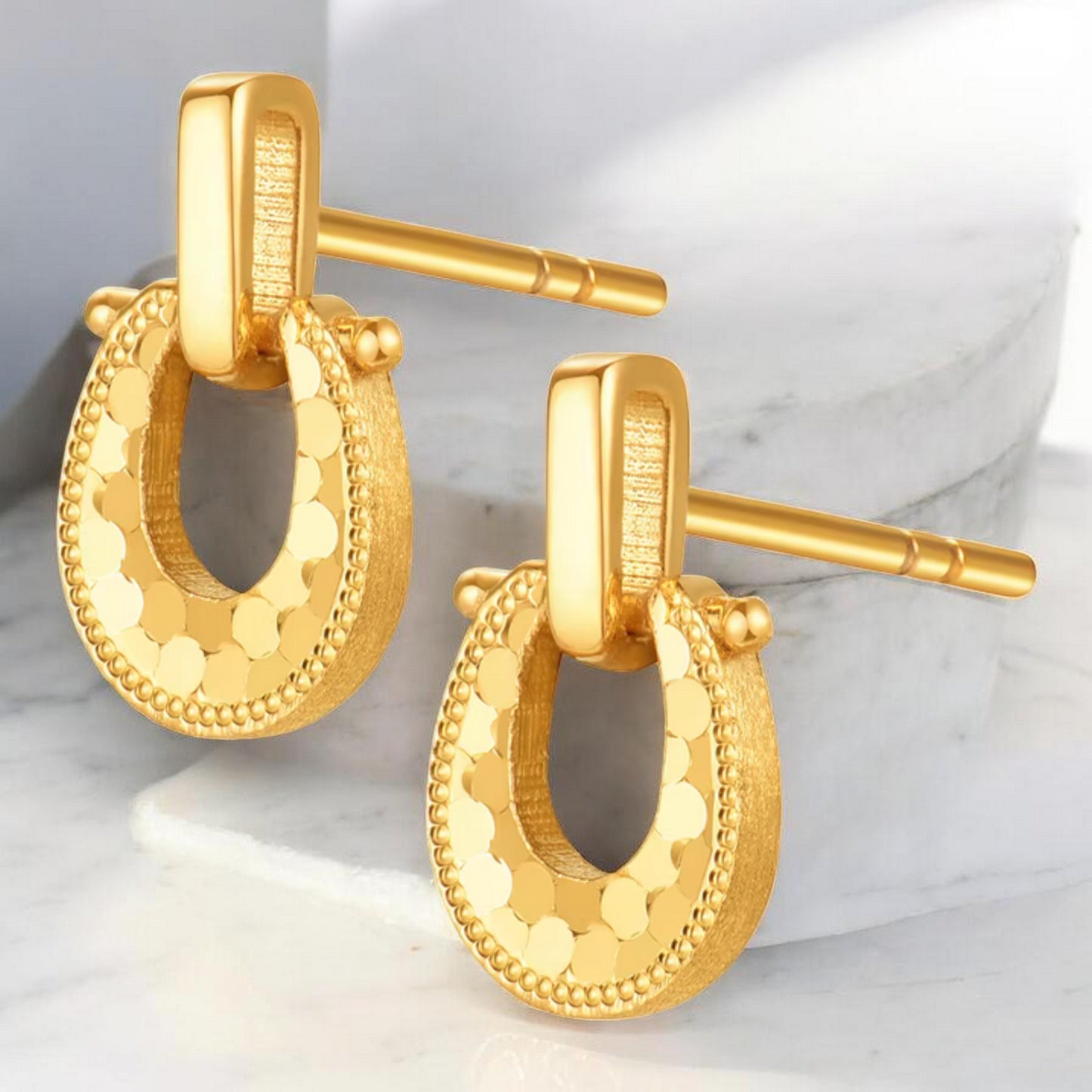 24K Real 5G Gold horseshoe buckle Sparkling Stud Earrings